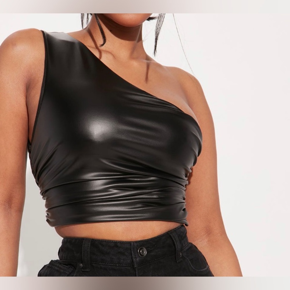 One Shoulder Faux Leather Crop Top